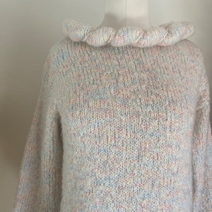 Vintage 80s Pastel Holiday Chunky Knit Marled Rainbow Sweater; 80s Fitted Sweater Cable Knit Sweater Pastel Rainbow Stripes Braided Collar