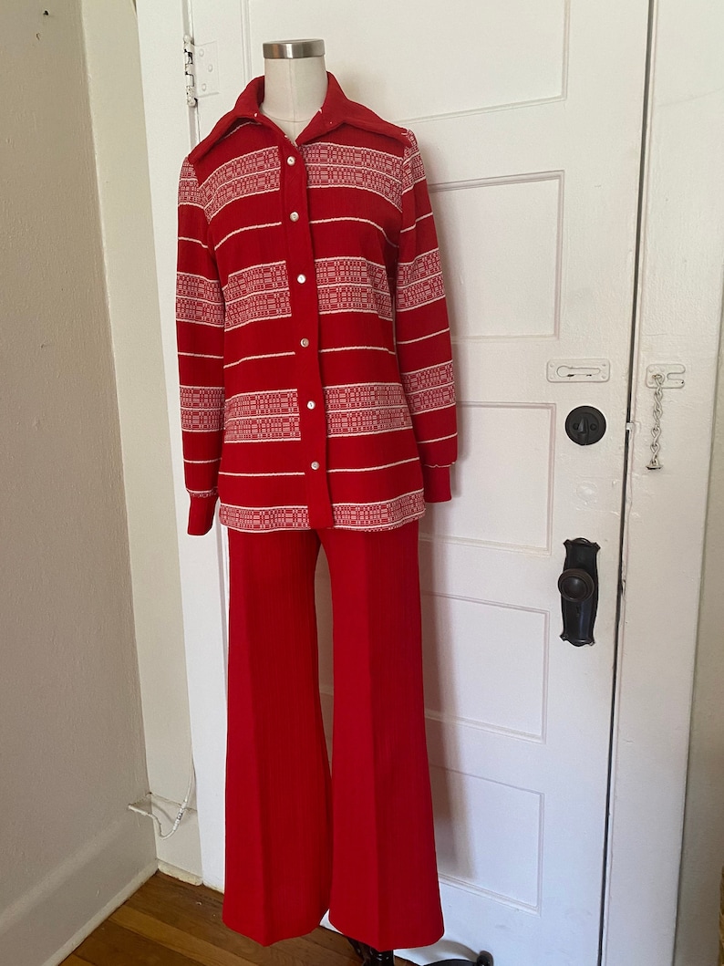 Vintage 60s 70s Abstract/Geometric Bold Horizontal Striped Mod Polyester Matching Set 60s 70s Coordinating Set 60s Retro Pantsuit Red S M image 2