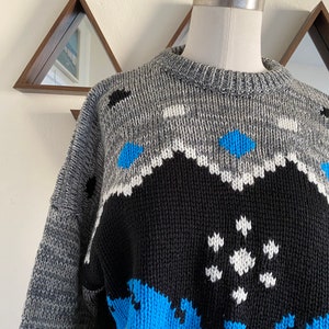 Vintage 80s Oversized Geometric Tribal Marled Sweater 80s Chunky Knit Crewneck Sweater with Geometric Print image 3
