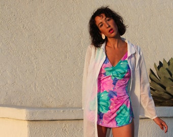 Vintage 60s 70s Gabar One Piece Bathing Suit with Abstract Florals Mint, Lavender, & Blue; 60s Sarong Swimsuit with Plunging Neckline Small
