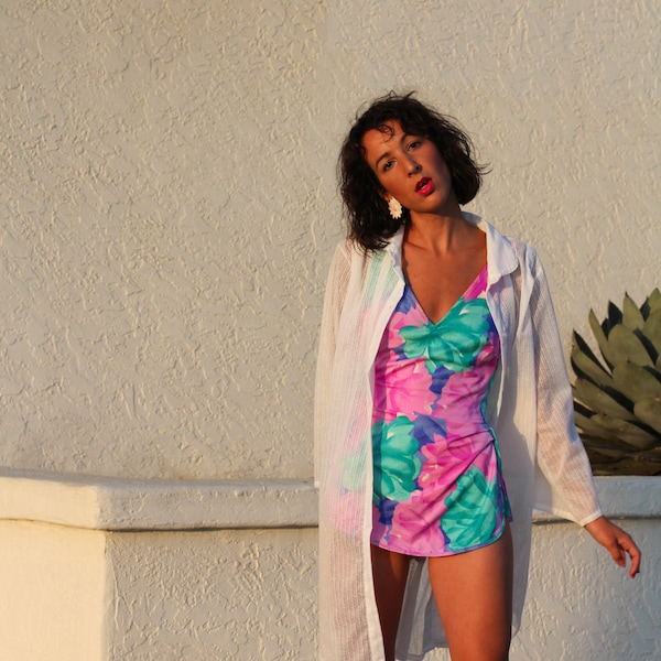 Vintage 60s 70s Gabar One Piece Bathing Suit with Abstract Florals Mint, Lavender, & Blue; 60s Sarong Swimsuit with Plunging Neckline Small