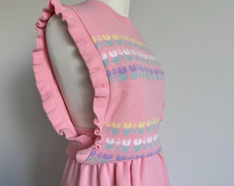Vintage 80s Sprint Light Pink Knit Matching Skirt Set; Feminine Kitschy Flora Ribbed Sweater Vest Matching Skirt, 70s Coordinating Set
