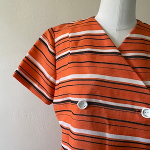 Vintage 60s Retro Striped Matching Skirt Set with Suit Jacket and Skirt; 70s Orange, Blue, and White Striped Matching Leisure Suit Set L