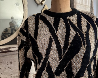 Vintage 80s Gold Silver Lurex Oversized Holiday Sweater; 80s Metallic Argyle Winter Sweater Abstract Print; 80s Ugly Christmas Sweater
