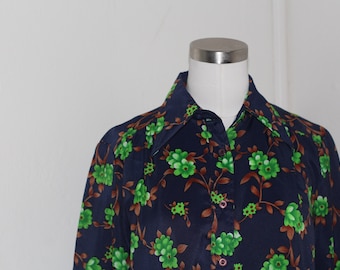 Vintage 70s Long Sleeve Floral Button Down Blouse with Wide Disco Collar; Navy Blue Base with Brown and Lime GreenFloral Print