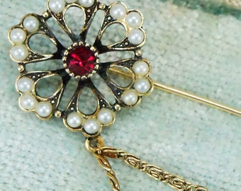 Blume Stickpin/Sarah Coventry/Kanada/Blumen Brosche/Faux Perlen/Rubin Strass/Sarah Cov/Gold Ton/Tasseled Schmuck/Floral/Abend Schmuck