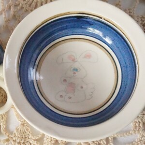 Vintage Bunny Dishes/Linda S Brinbaum/Pottery/1979/Signed/Child's Bowl And Cup/Bunny Pottery Dishes/Blue/Dated/Bunny Bowl/Bunny Cup/Rabbit