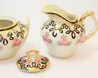 Sugar Bowl With Roses/Rose Sugar Bowl Set/Pink Rose Creamer/Pink Roses/Gold Gilt/Victorian/Cottage Chick/Vintage Rose Sugar Bowl/Rose Design