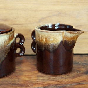 Drip Glaze Sugar & Creamer/Pottery From Japan/Double Fingered Handles/Farmhouse/Creamer Set/Trigger Handle/Mid Century/Rustic Kitchen Decor