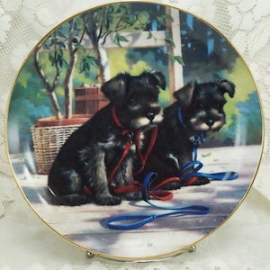 Jim Lamb Hunde/Sammlerteller/Eine neue Leine im Leben/Welpen Spielzeit/Hunde Dekor/Terrier Hunde/Jim Lamb/Welpen Kunst/1980er Jahre/Sammlerhunde/Teller