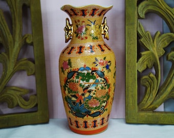 Färgglad orientalisk fågelvas/Guldförgylld/Texturerad vas/Gyllingfåglar/20 cm hög/Mörkguldhandtag/Blommor och fåglar/Porslinskeramik/Fågelvas med motiv
