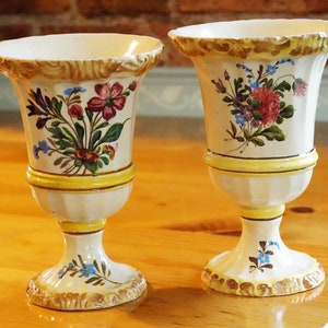Pedestal Flower Vases/Handpainted/Italian Pottery/Mantel Vases/Goblet Shaped/Floral/Vase Set/Italy/Bright And Colorful/Unique Design/Pair