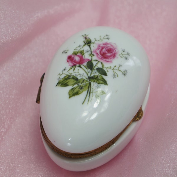 Porcelain Pink Rose Trinket Box/Egg Shaped/Hinged Lid/Lefton Eggs/Japan/Embossed Gold Tone Metal Band/Flower Latch/Women's Gift/Mid Century