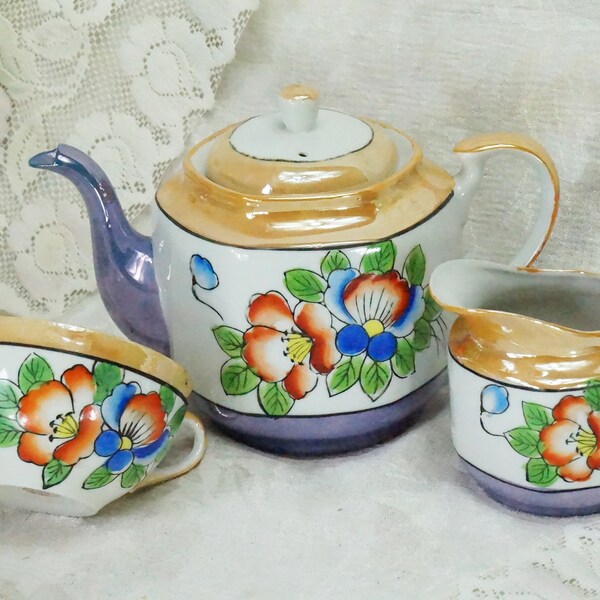 Floral Lusterware Teapot From Japan/Hallmarked/Peach And Blue/Bright Flowers/Flower With H Inside/Tea Cup and Creamer/3pc Set/Mid Century