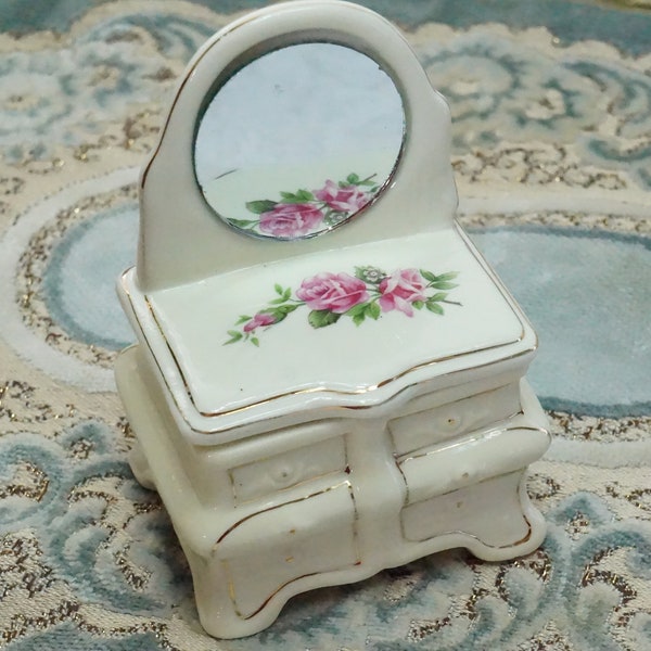 Vintage Mirrored Dresser Trinket Box/Pink Roses/Vanity Box/Footed Porcelain Jewelry Box/Round Mirror/Vanity Decor/Gold Trim/Figural/Cover