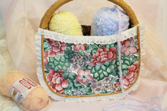 Fabric Basket Purse/Mid Century Sewing Basket/Refu