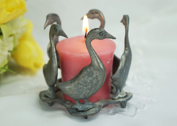 Vintage Country Geese Candle Holder/Pewter Geese/Geese In A Circle/Metkze Pewter/Votive Candleholders/Farm Animals/70's Geese/Ducks/Goose