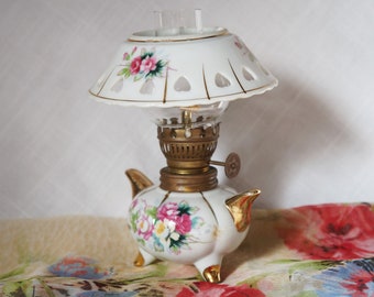 Small Floral Oil Lamp From Japan/Cabbage Roses/Decorative Top/Heart Cutouts/Three Footed/Signed/Double Arrows/Colorful Roses/Mid Century