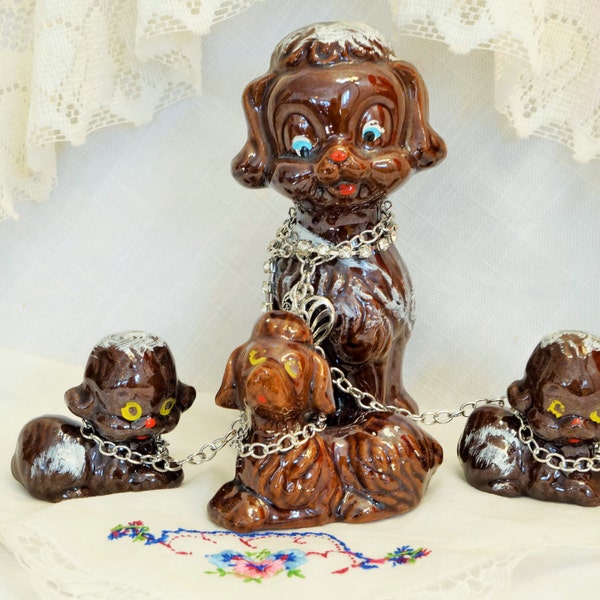 Poodle Figurine/Chained Poodle/Red Ware Poodle/Poodle Set/Poodles On Chain/Vintage Dog Figurine/Redware Dog Figurine/Made In Japan/Dog Decor