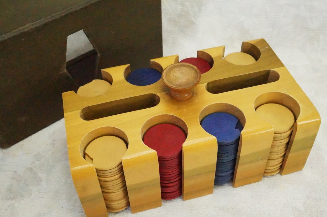 Mid Century Wood Poker Chips With Caddy/all Wood Poker Chips/wood Caddy