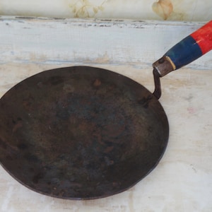 Rustic Steel Frying Pan With Wood Handle/Wood Stove Skillet/Camping Pans/Red Handle/Wok/Mid Century Cookware/Old Skillet/Bowl Shaped Skillet