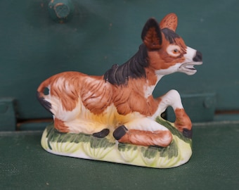 Braying Donkey Figurine/Bisque Porcelain/Laying Down/Collectible Donkeys/Farm Animal Figurines/Mid Century/Brown Donkey/Farm Knick Knacks