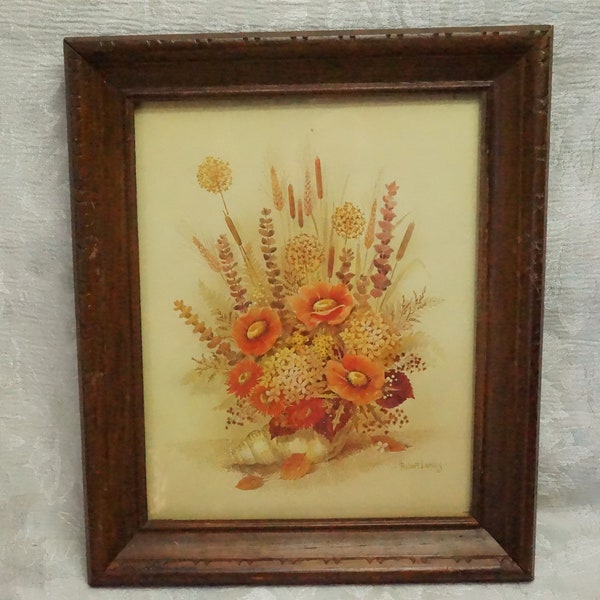 Vintage Framed Flower Bouquet Lithograph Prints/Robert Laessig/Prints On Cardboard/Heavy Wood Frames/American Artist/Litho USA/Set Of Two