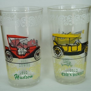 Hazel Atlas Beverage Glasses/Antique Cars/Scrolled Designs/Antique Car Glass Tumblers/1908 Ford/1913 Chevrolet/1910 Hudson/1914 Stutz/MCM