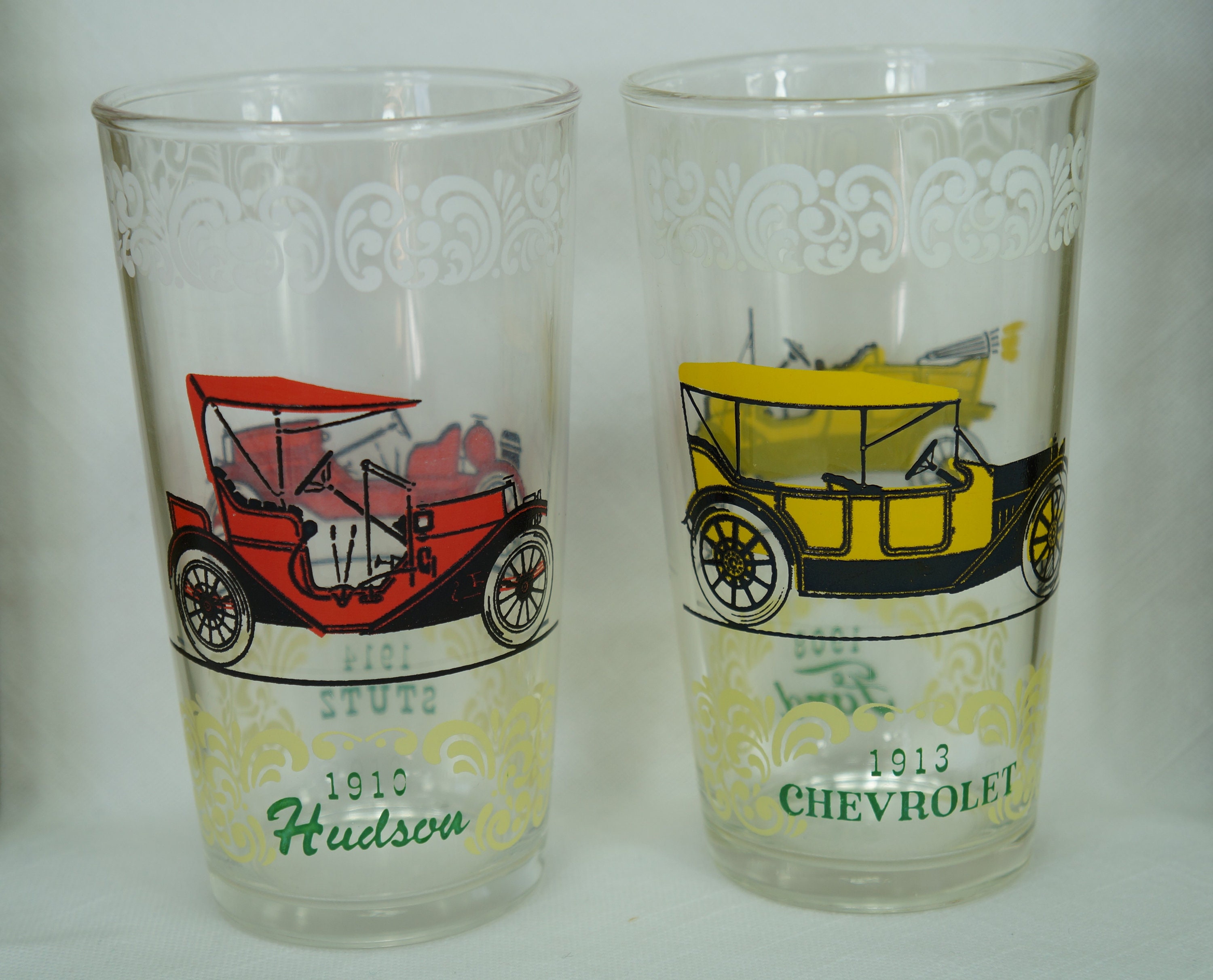 Hazel Atlas Beverage Glasses/Antique Cars/Scrolled Designs/Antique Car Glass Tumblers/1908 Ford/1913 Chevrolet/1910 Hudson/1914 Stutz/MCM