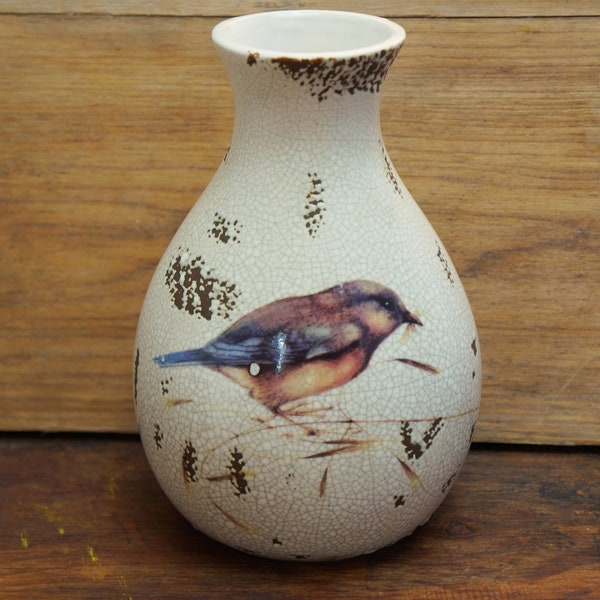 Vintage Pottery Bird Vase/Dripped Glaze/Beige Speckled/Earthy Colors/Song Bird Vase/Vessel Shaped/Crackled Glaze/Bird Decor/Pottery Vases