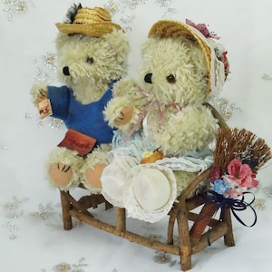 Vintage Stuffed Bears/Bears Sitting On Bench/Country Bears/Vintage Handmade/10&quot; Tall/Mr & Mrs Bear/Bears With Clothing/Farmhouse Decor/Bears