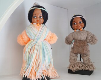 Vintage Yarn Dolls/Native American/Handmade Dolls/With Wood Stands/Southwestern Dolls/Doll Couple/Boy & Girl Dolls/Doll Decor/Display Dolls