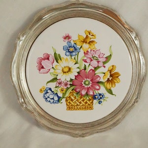 Silver Trimmed Trivet/Ceramic Floral Trivet/Large/MC/Japan/Cottage/Farm/Country/Kitchen Trivet/Footed Trivet/Floral Kitchen Decor/Wall Plate