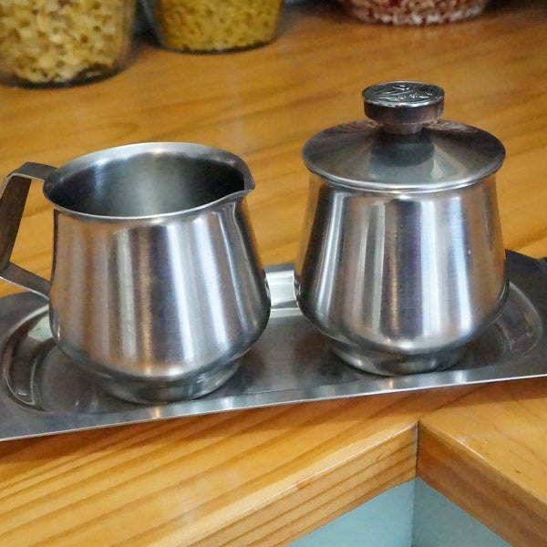 Stainless Steel Sugar Bowl Set/Creamer/Tray/Floral Design/MCM/Rogers/Insilco/18-8/Japan/Mid Century/Vintage Kitchen/Serving Sets/Anchor Mark