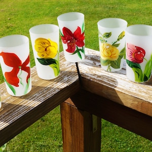 Handpainted Flower Glass Tumblers/Satin Glass/Set Of 7/Floral Beverage Glasses/10 oz/Mid Century/Frosted Glasses/Kitchen Glasses/Colorful