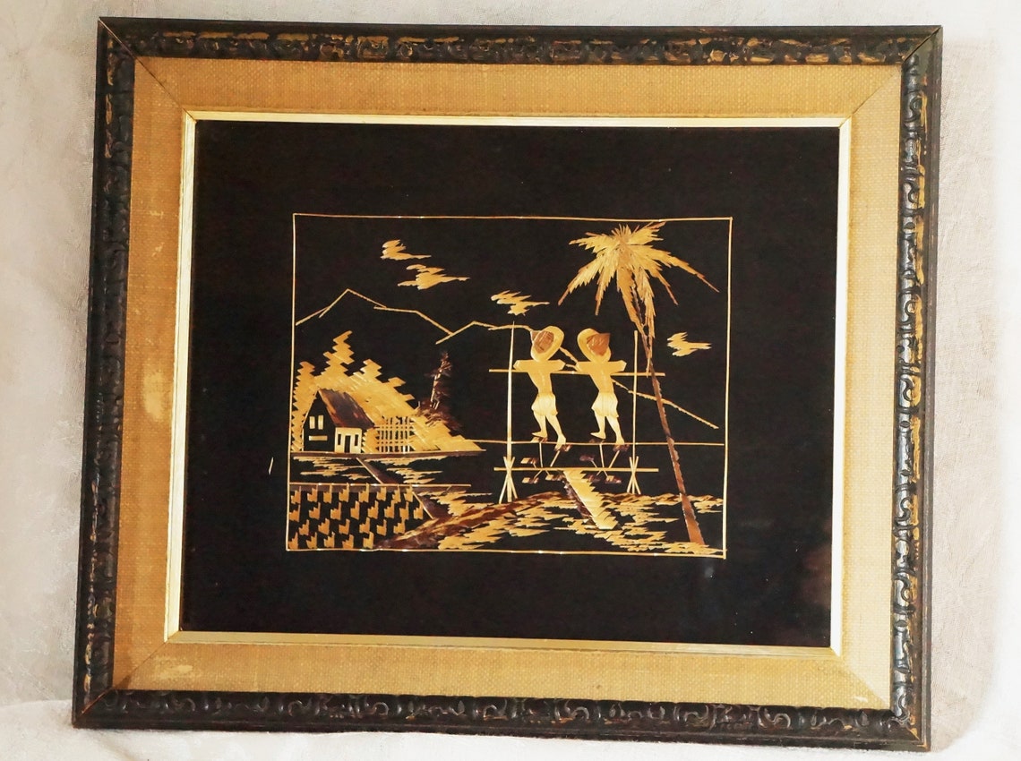 Vintage Asian Framed Art/bamboo Leaf/rice Straw/art/glass Wood Etsy Australia