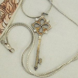 Sterling Silver Rhinestone Key Pendant/Rhinestone Key/Key Necklace/925/Silver/Clear Rhinestones/Silver Snake Chain/Vintage/Peach And Silver