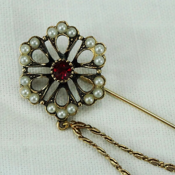 Flower Stickpin/Sarah Coventry/Canada/Flower Brooch/Faux Pearls/Ruby Rhinestone/Sarah Cov/Gold Tone/Tasseled Jewelry/Floral/Evening Jewelry