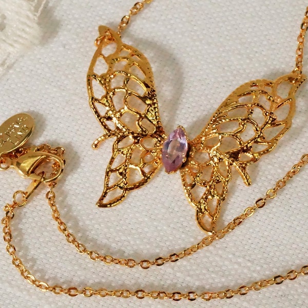 Gold Filigree Butterfly Necklace/14K GE/Vintage Butterfly Jewelry/Lind/Lindenwold/Filigree Butterfly/Diamond Shaped Stone/Butterfly Pendant