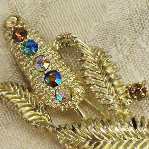 Vintage Rhinestone Botanical Brooch/Cat N Tail/Cat Nine Tail/Silver Tone/Multi Color Rhinestones/Mid Size/Cornstalk Brooch/Cat O Nine Tail