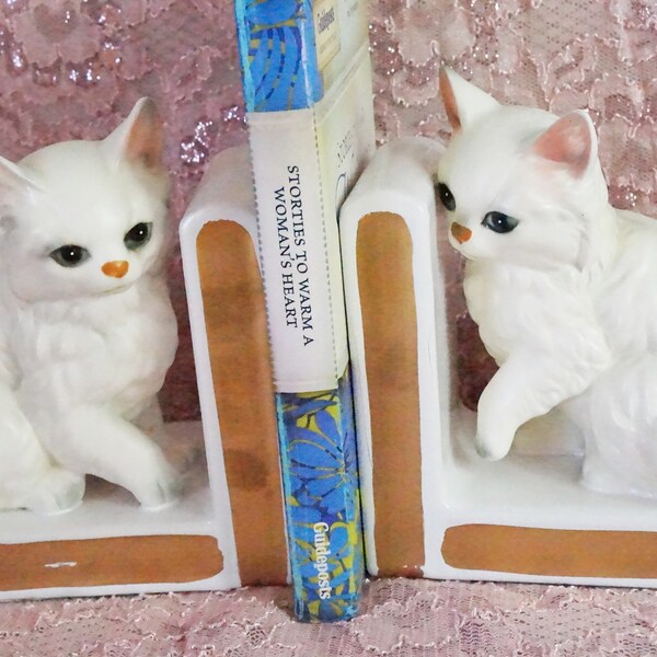 Vintage Cat Bookends/White Cats/Lefton/Japan/Mid Century Cats/Persian Kitties/Collectible Lefton Cats/Kitty Bookends/Cat & Kitten Decor