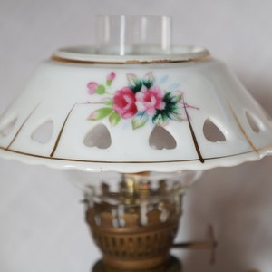 Small Floral Oil Lamp From Japan/Cabbage Roses/Decorative Top/Heart Cutouts/Three Footed/Signed/Double Arrows/Colorful Roses/Mid Century