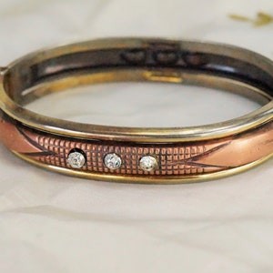 Copper Rhinestone Bracelet/Copper Inlay With Designs/Faux Diamonds/Hinged Bracelet/Western Bracelets/Vintage Copper Jewelry/Copper Bracelets