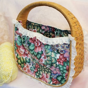 Fabric Basket Purse/Mid Century Sewing Basket/Refurbished Basket/Basket Purse/Knitting Basket/Magazine Rack/Knitting Basket/Rustic Basket
