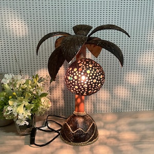 Owl Handmade Coconut Shell Wood Table Lamp Bedside Desk Lamp for Decor Gift 