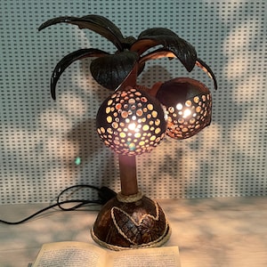 Puede incluir: Una lámpara de palmera de coco con dos pantallas de cáscara de coco. Las pantallas están talladas con agujeros y se iluminan desde adentro, proyectando un brillo cálido. La lámpara está hecha de materiales naturales y tiene un aspecto rústico y tropical.