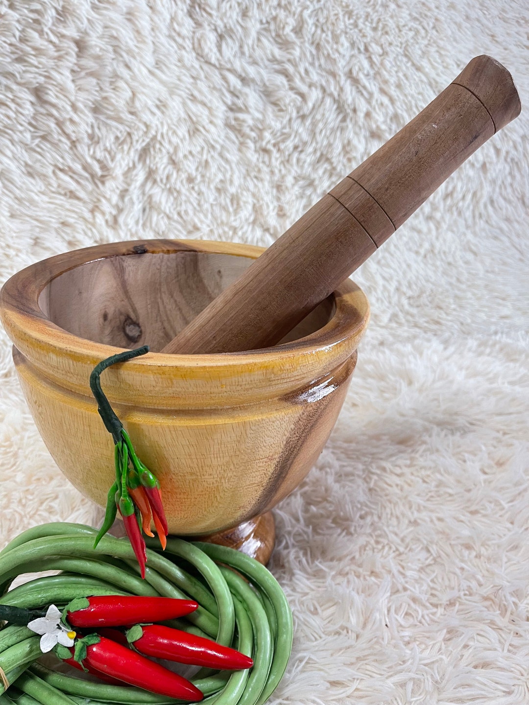 9 Inch Large Mortar Heavy Raintree Wooden Pestle Hand Mixer Masher