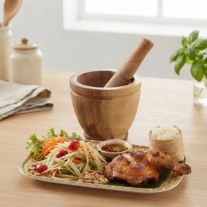 May include: A wooden mortar and pestle set positioned behind a rectangular tray containing a serving of papaya salad with cherry tomatoes and peanuts, a piece of roasted chicken, a small bowl of dipping sauce, and a woven container of rice.