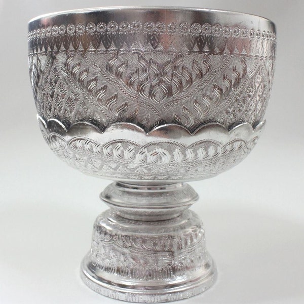 Silver Aluminium Bowl Decor With Tray Pedestal Thai Tradition Art Bas Relief