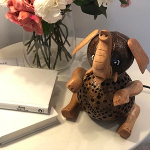 Pode incluir: Uma lâmpada de elefante de madeira feita de uma casca de coco. O elefante está sentado em uma mesa branca com dois livros e um vaso de flores rosa e brancas.